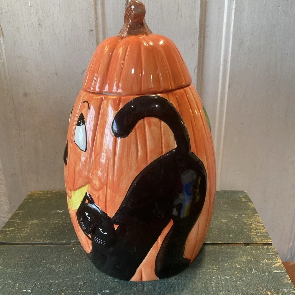 Vintage‎ 90s Ceramic Cookie Jar Halloween Tall Pumpkin Black Cat Ghost Canister